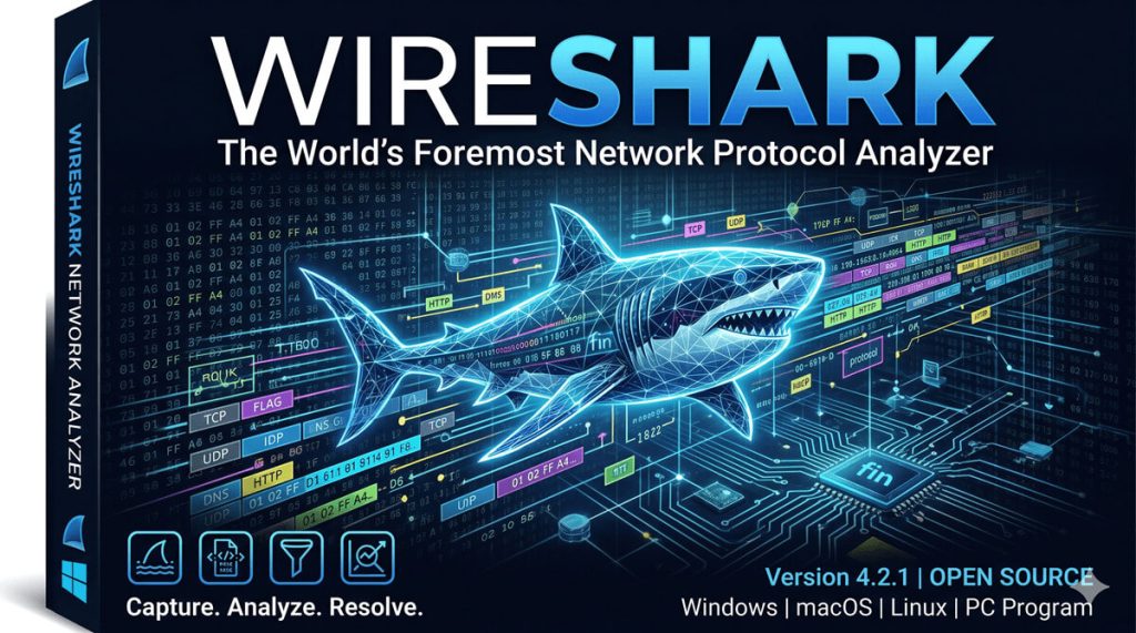 wireshark - Ağ analiz aracı, köpekbalığı teması.