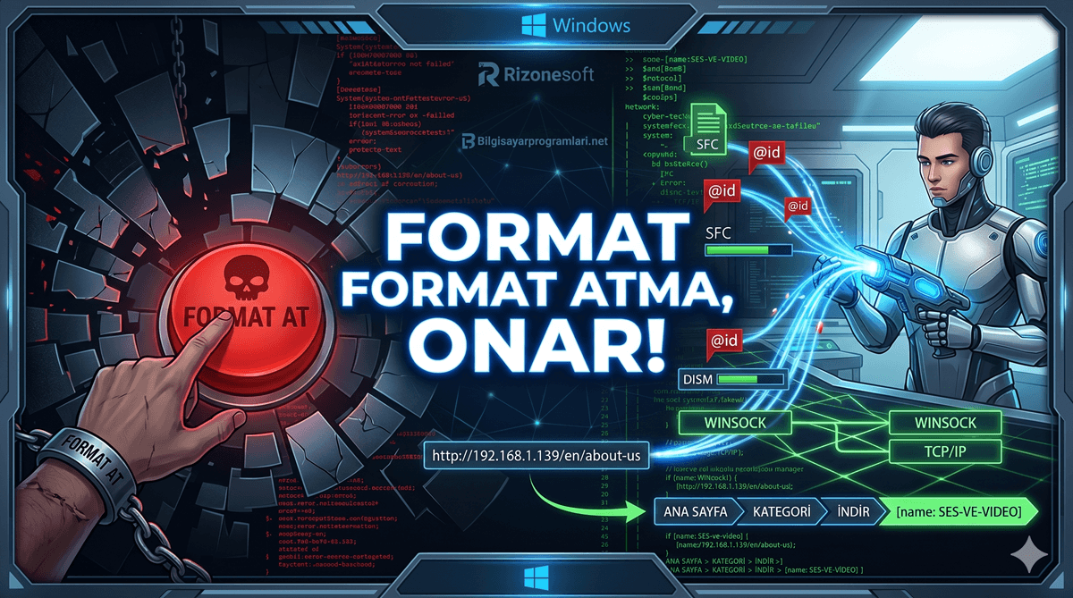 Windows ağ protokolleri ve sistem dosyaları onarım rehberi görseli - Format atmadan internet tamiri teknikleri.