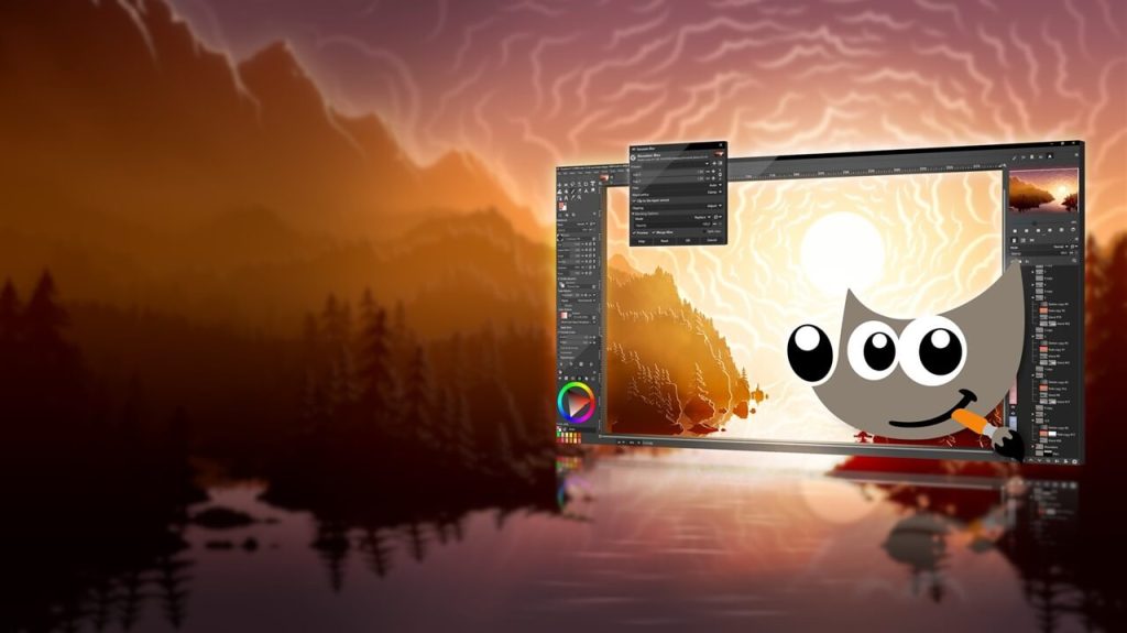 GIMP 2 Gimp - Wilber masaüstü bilgisayar penceresinden dış doğaya bakıyor.